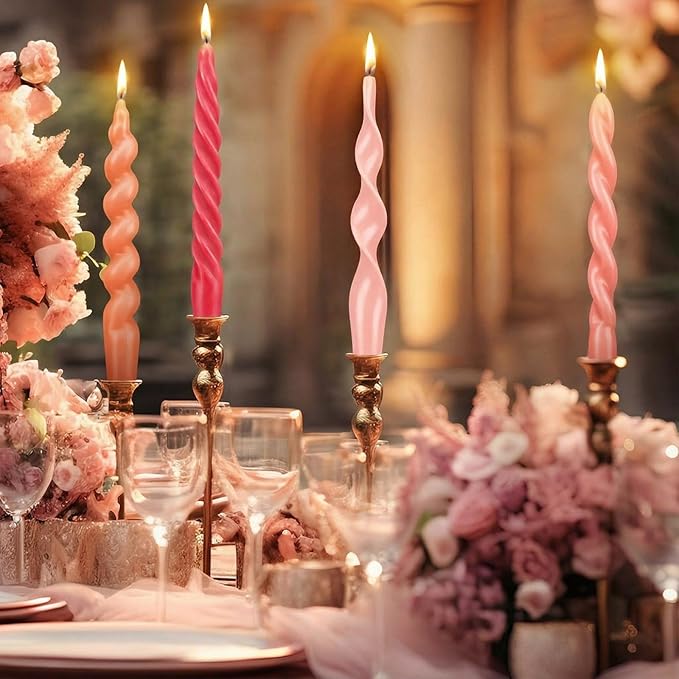 Nuanchu 4 Pcs 7.87 Inch Twisted Taper Candles Wax Unscented Smokeless Spiral Swirl Candlesticks for Wedding Holiday Dinner Party Home Decorations (Pink)