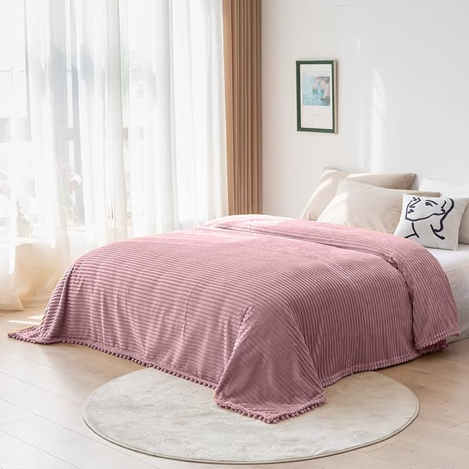 DISSA Fleece Blanket Throw Size – 51x63, Pink – Soft, Plush, Fluffy, Fuzzy, Warm, Cozy – Perfect Throw for Couch, Bed, Sofa - with Pompom Fringe - Flannel Blanket Throw Blanket