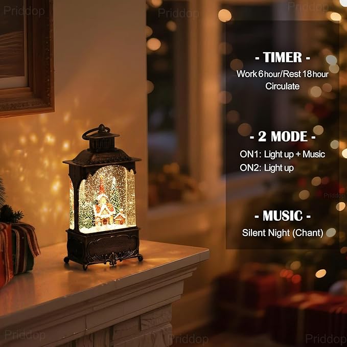Church Snow Globe Christmas Decorations Gifts Snowman Cabin Cardinal Tree USB/Battery Timer Music Glitter Snowfall Lantern 10.2 inch