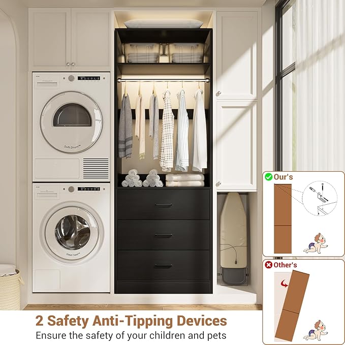Freestanding 2FT Closet System with 3 Wood Drawers, 24" Closet Organizer System with Hanging Rod & Shelves, Walk-in Closet Systems for Small Closets, Black (24"L x 15" W x 80" H)