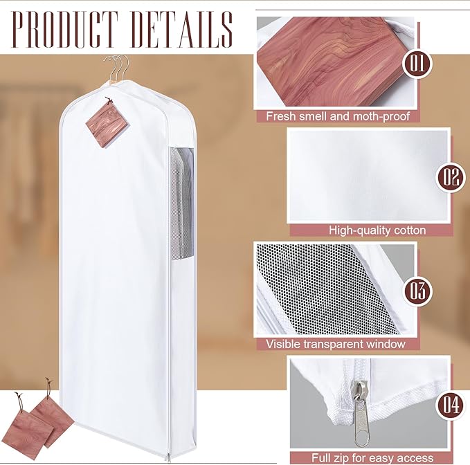 2 Set 60in Long Cotton Garment Bags, 6in Wide Gusset Hanging Storage Clothes with 8 Cedar Blocks, Transparent Mesh Window, Breathable Closet Bags for Fur Coat Suit Sweater Dress, White