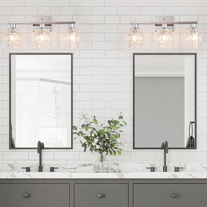 3 Light Silver Chrome Bathroom Vanity Light Over Mirror, Modern Vanity Lighting with Crystal Glass Shade, Wall Mount Bathroom Light Fixtures, E26 Base