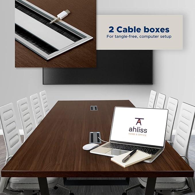 Sturdy Conference Table with Cable Management Grommets Modern Rectangle Office Meeting Table with Wood Tabletop and Metal Frame & Legs- Easy Assembly Boardroom Table (Dark Brown, 8 Foot)