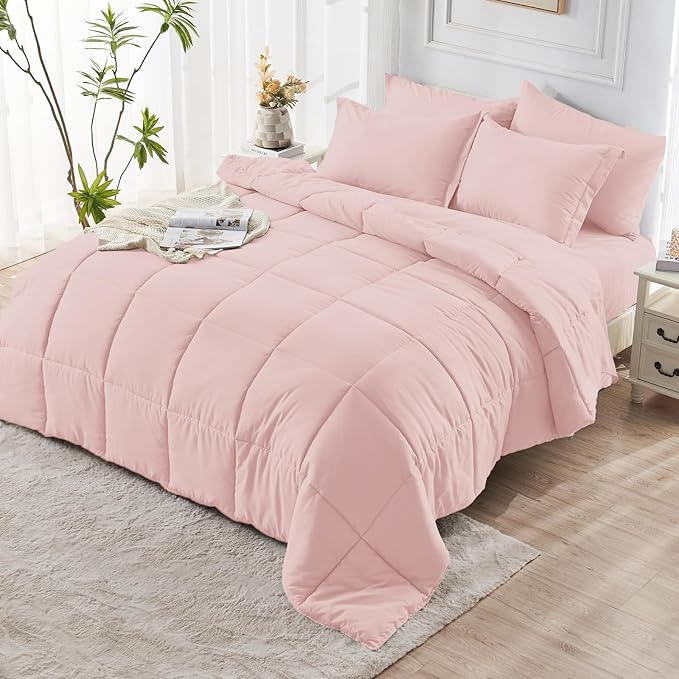 JOLLYVOGUE Queen Comforter Set, Ultra-Soft Bed in a Bag Queen Size 7 Pieces, Oeko-TEX Certified Bedding Set with Down Alternative Comforter, Sheets, Pillowcases & Shams, Blush Pink