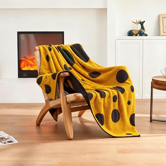 CozeCube Super Soft Fullfy Microfiber Reversible Knitted Blankets, Warm Cozy Fuzzy Plush Throw, Black and Yellow Polka Dot Throw Blanket for Couch Bed Sofa, 50" x 60"