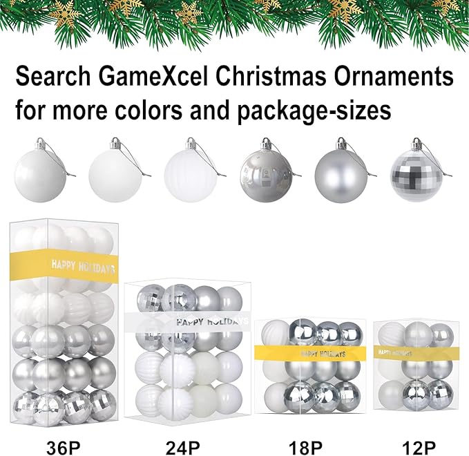 White & Silver 1.6" Small Christmas Balls Christmas Tree Decoration Ornaments Shatterproof Hanging Balls for Birthday Halloween Holiday Wedding Decorations Set of 12pcs