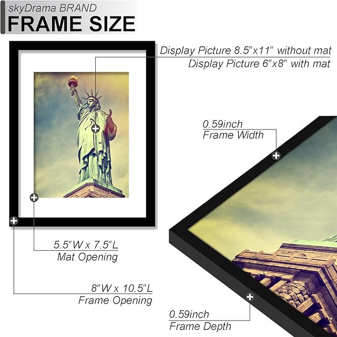 100% Solid Wood 8.5 x 11 Picture Frame, Black Frame Display Photo 6x8 with Mat or 8.5x11 without Mat, 8.5 by 11 HQ Matte Black Frame for Wall - 1 Pack/Black/8.5"x11"