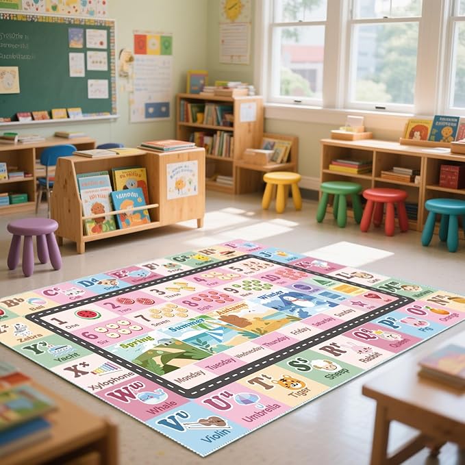 Kids ABC Rug for Playroom, Classroom Alphabet Area Carpet Playmat,Washable Toddler Mat for Baby Room,Play Room,Bedroom,Floor,Nursery (Pink,5'x7')