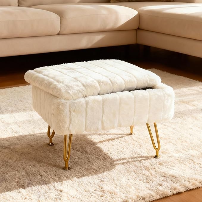 ACEQLYT® Small Foot Stool Ottoman with Storage, Foot Rest for Couch and Chair, White Faux Fur Storage Ottoman with Gold Metal Legs and Padded Seat