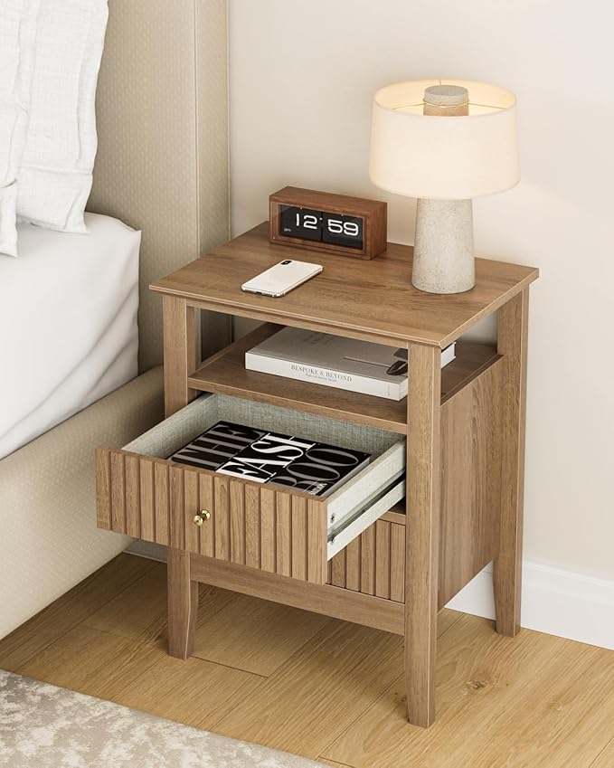 Fluted Nightstand, Farmhouse Night Stand with 2 Drawers, Mid Century Modern Side Accent Table,Bedside End Table for Bedroom, Living Room, Natural