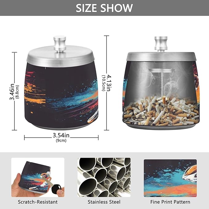 American Football Player Splash Ashtray with Lid, Outdoor Ashtrays for Patio, Stainless Steel Ashtray Odorless Smokeless for Home Office Balcony