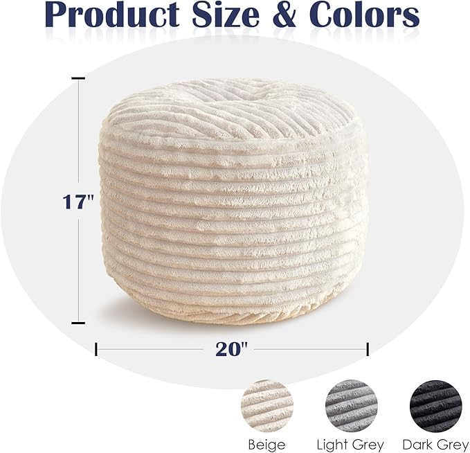 Round Pouf Ottoman,Corduroy Poufs with Memory Foam Filling for Foot Rest,Soft Footstool for Living Room,Office,20"x 17",Beige