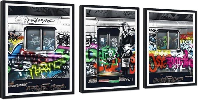 Novatique Street Graffiti Wall Art Banksy Canvas Wall Art Modern Pop Art Wall Decor Street Art Poster Framed Ready to Hang for Bedroom Office,12" x 16" x 3Pcs