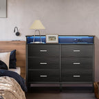 BOLUO Black Dresser with LED Light and Charging Station for Bedroom 6 Drawer Dresser with USB Outlet, Fabric Dressers & Chests of Drawers Modern