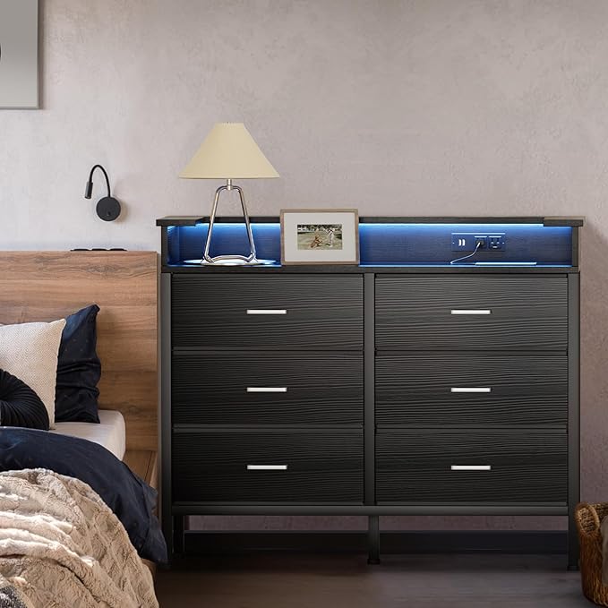 BOLUO Black Dresser with LED Light and Charging Station for Bedroom 6 Drawer Dresser with USB Outlet, Fabric Dressers & Chests of Drawers Modern