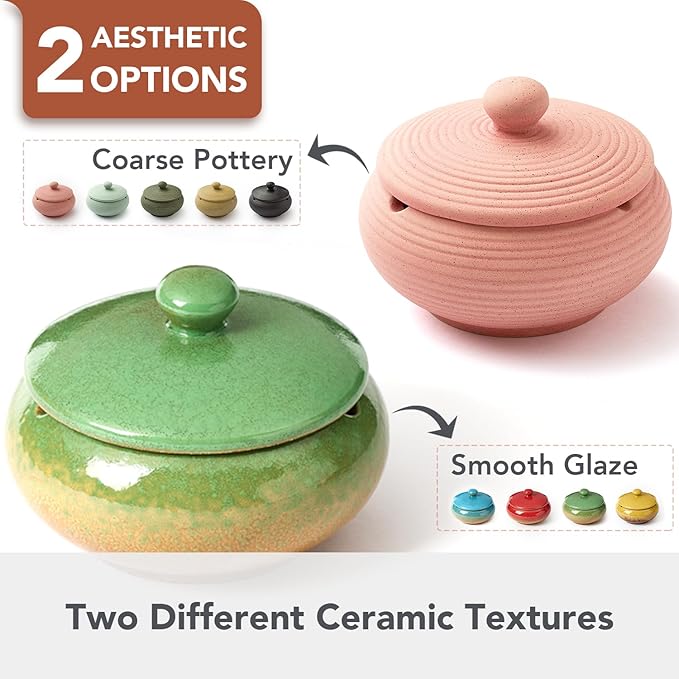 Ashtray with Lid for Outside Patio, Windproof Ash tray, Ceramic Smokeless Ashtray for Outdoor Home Office Tabletop Patio Outdoor Balcony, Pink