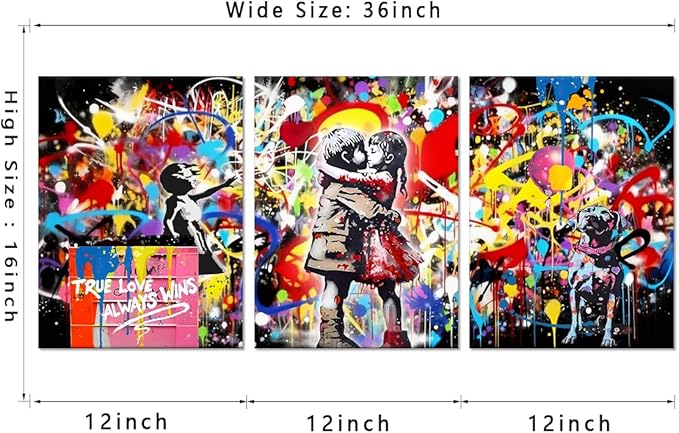 Novatique Banksy Wall Art Colorful Graffiti Canvas Wall Decor Banksy Prints Street Painting Artwork Mural Pop Art Decor for Living Room Bedroom,12" x 16" x 3Pcs