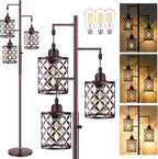 【Upgraded】72" Tall Dimmable Floor Lamp, Farmhouse Standing Lamp with Elegant Metal Cages, Industrial Tree Floor Lamps for Living Room, Bedroom, Study Room, Office (3 x 800LM LED Bulbs Included) -Brown