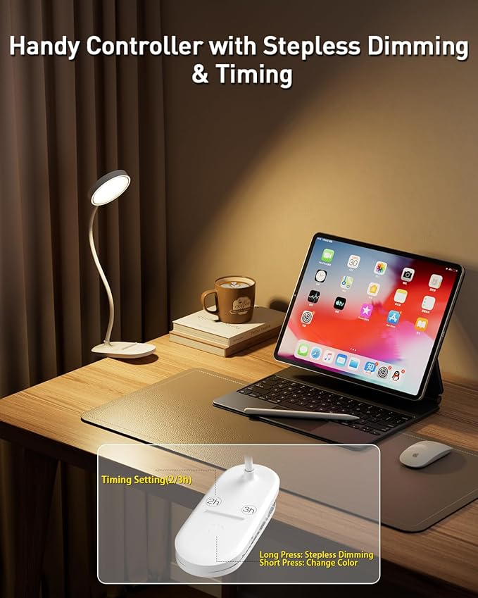 Diomart Rechargeable LED Desk Lamp, Clip On Dimmable Reading Light with Timer, Red Light Sleep Aid Bedside Lamp for Workbench, Kids, Studying，Home