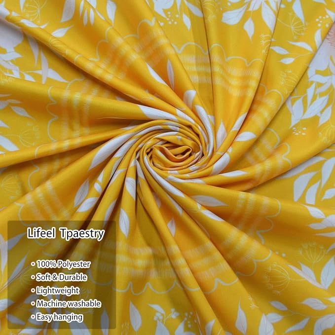 Lifeel Yellow Bohemian Tapestry Wall Hanging, Mandala Floral Medallion Hippie Tapestry with White Aesthetic Wreath Design, Gold Wall Decor Blanket for Bedroom Home Dorm,Large 68×80 inches