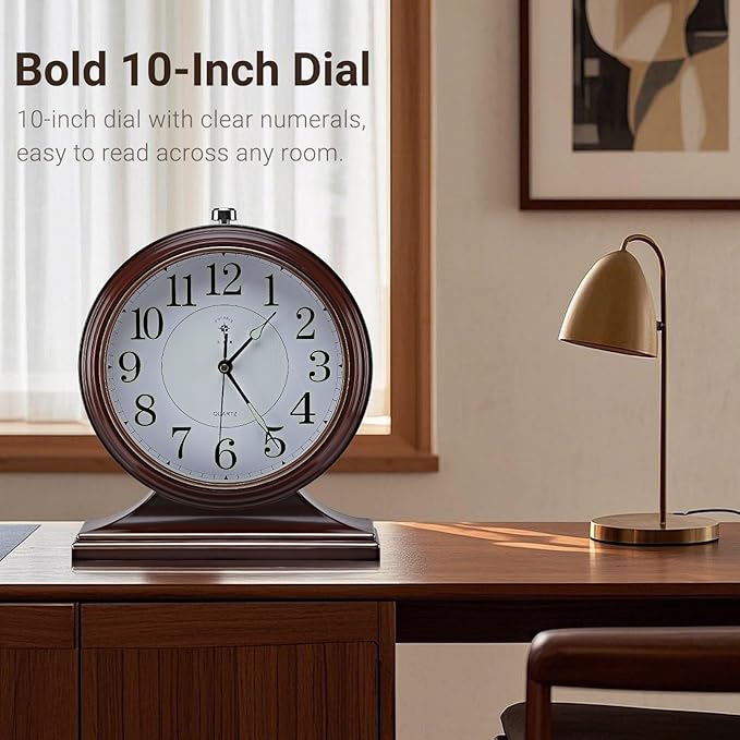 10-inch Vintage Mantel Desk Clock, Silent Desk Clock for Living Room Décor, Easy to Read Larege Retro Mantel Clocks for Fireplace and Shelf Decoration. (Brown)