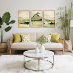CHDITB Zen Landscape Framed Canvas Wall Art Set, Green Ink Wash Wall Decor, Mountain Lake Bamboo Art Spiritual Wall Painting, Vintage Ink Wash Art Prints for Living Room, Bedroom, Office-16 x24 x3