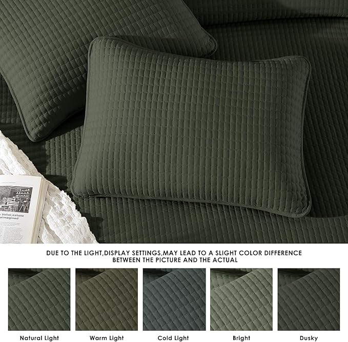 WRENSONGE Queen Quilt-3 Pieces Lightweight Bedspreads Dark Green Queen Size Quilt Bedding Set for All Seasons, Soft Summer Coverlet with 2 Pillow Shams Suitable for Bed, Couch