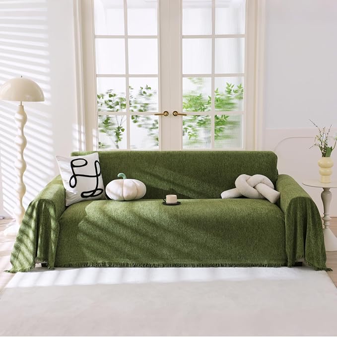 Couch Cover for Dogs, Non Slip Sofa Cover, Washable Couch Covers, 2 Cushion Sofa for Dogs Furniture Protector with Tassels Chenille Sofa Covers for Pets (Tassel Green, 71" x 118")