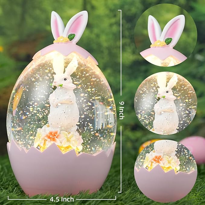 Easter Snow Globe Decorations for The Home Lighted Bunny Statue with Easter Eggs, Perfect Spring Decor and Gifts, Pink