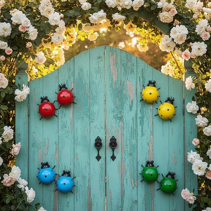 Cute Colorful Ladybug Metal Garden Decor, Set of 8 (4 Colors*2) Outdoor Yard Art, Lawn Ornaments, Fence & Patio Wall Sculptures, for Mom, Housewarming