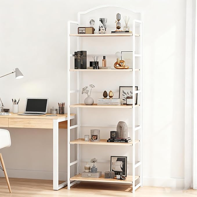 JSB No Assembly Folding Bookshelf, 5 Tier Book Shelf for Storage, Vintage Wood Foldable Bookcase for Living Room, Bedroom, Office Organization Shelves