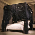 VETHIN 4 Corners Post Ruffle Princess Bed Canopy Curtain-Double Layer Cozy Drape Netting 4 Opening Mosquito Net for Girls Adults Bedroom Decoration (Double-Black,78" W*86" L*82"*H/King)