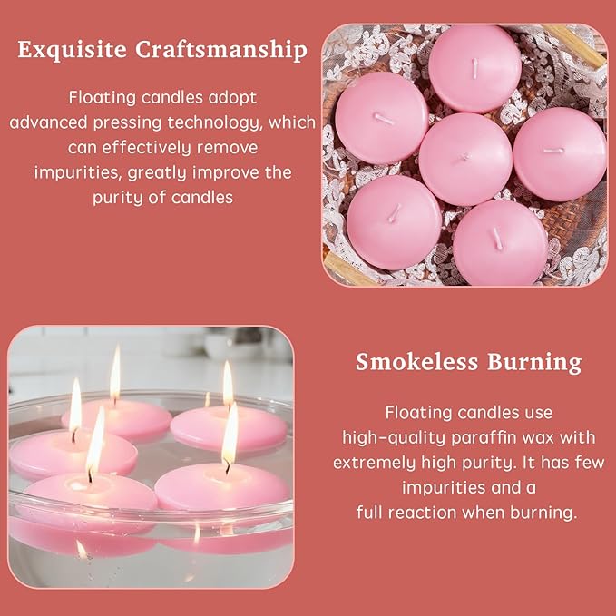 3 inch Floating Candles 30 Packs Pink Floating Candle for Centerpieces 8-9 Hours Floating Candles 3” Water Candles for Cylinder Vases, Pool, Wedding, Valentine's
