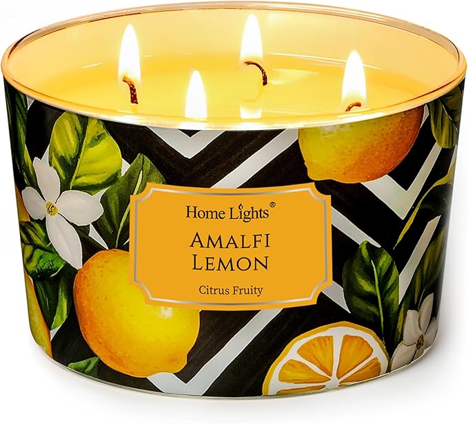 HomeLights Large jar Candle | 4-Wick Long-Lasting Scented Candles, 18oz Natural Soy Wax Candle for Home Scented, Eclectic Mixed Styles Gifts for Women & Men, Amalfi Lemon