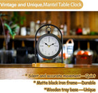 Metal Black Farmhouse Desk Clock with Wooden Base, Decorative Table Clock for Living Room, Silent Mantel Clocks Shelf Decor Battery Operated, 10 x 8 x 4.5 Inches, Black