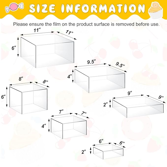 Leinuosen 6 Pcs Large Buffet Risers, 6 to 11 Inch Catering Dessert Table Risers Food Decorative Stands with hollow bottom for Catering Supplies, Party (Clear, Square)