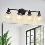 4-Light Bathroom Light Fixture Black Vanity Lights Over Mirror Modern Wall Sconce Farmhouse Vintage Bathroom Vanity Lighting with Glass Shade for Bedroom Hallway Cabinet Bathroom