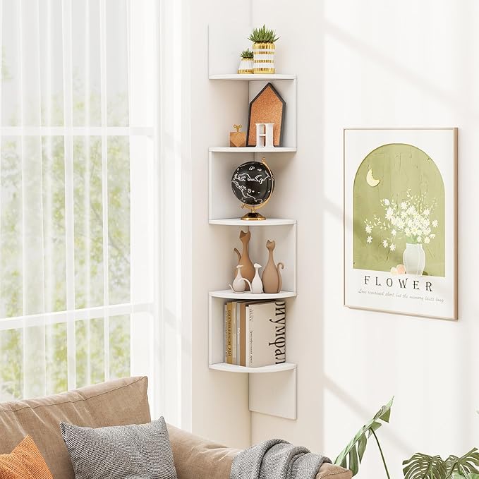 Tangkula 5-Tier Corner Shelf Wall Mount, Farmhouse Floating Corner Bookshelf, Industrial Modern Display Shelf Stand, Wooden Storage Organizer for Living Room Home Office (2, White)