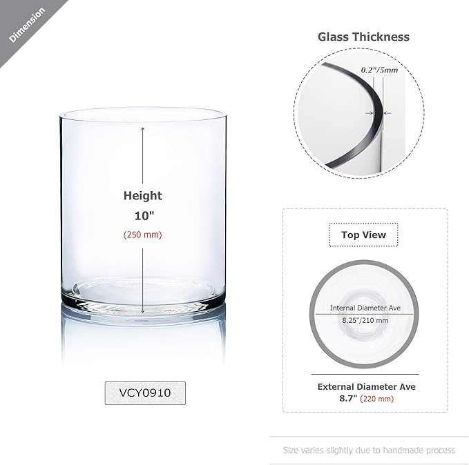 WGV Cylinder Vase, Width 9", Height 10", Clear Wide Large Diameter Flower Glassware, Floral Container, Planter Terrarium for Wedding Party Event, Home Accent Decor, 1 Piece
