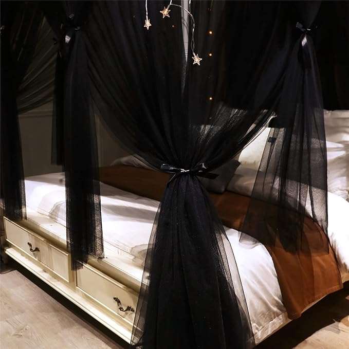 VETHIN 4 Corners Post Princess Bed Canopy Curtain Double Layer Cozy Drape Netting 4 Opening Mosquito Net for Girls & Adults Bedroom Decoration Accessories (Double Black, 59" W*82" L*82"*H/(Queen))