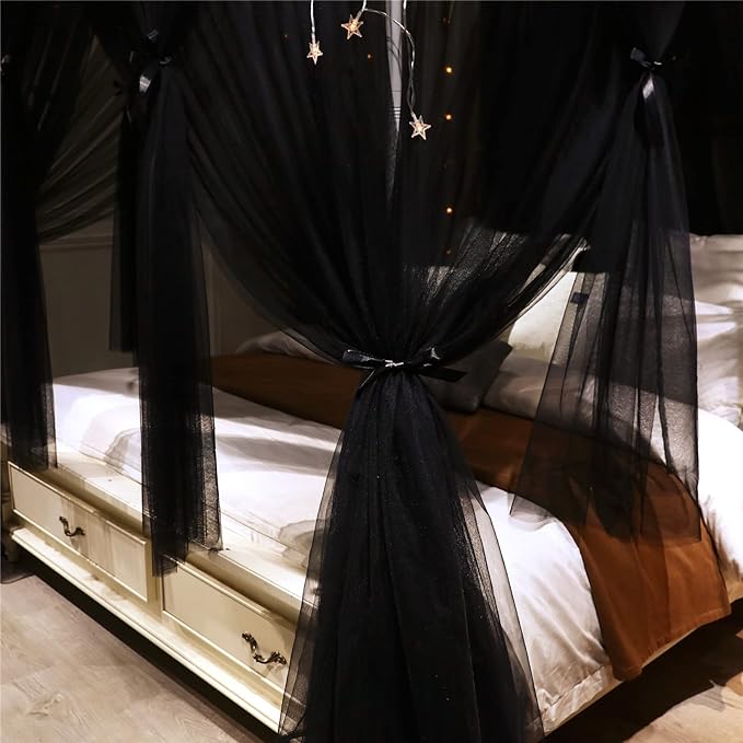 VETHIN 4 Corners Post Princess Bed Canopy Curtain Double Layer Cozy Drape Netting 4 Opening Mosquito Net for Girls & Adults Bedroom Decoration Accessories (Double Black, 47" W*78" L*82"*H/Twin)