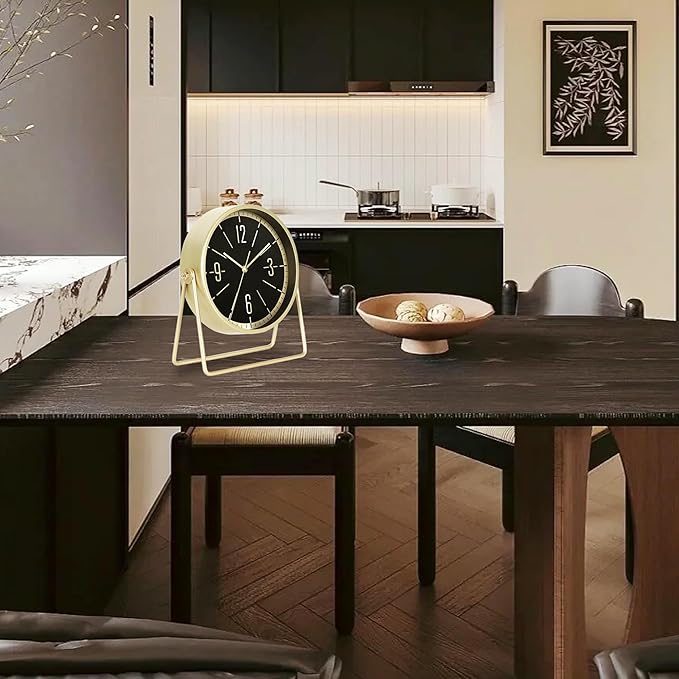 QIYAODECO® Vintage Metal Desk Clock for Bedroom, with Adjustable Angle Ticking Small Battery Operated Mantel Bedside Clock, Decorative Table Old Fashioned Style Black Decor Adult Kid Gift,Gold Black