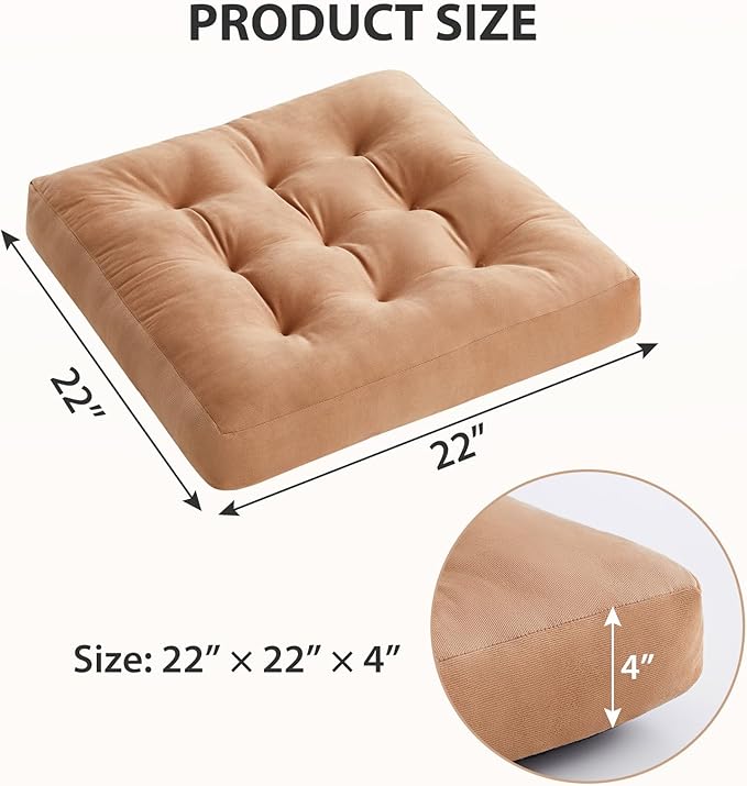 Meditation Floor Pillow Set of 1, Square Large Pillows Seating for Adults, Meditation Cushion Pillow,Tufted Corduroy Cushion for Tatami Living Room or Yoga, Coffee, 22x22 Inch