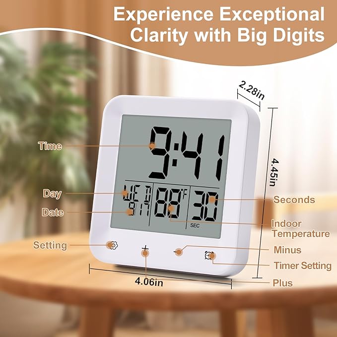 Waterproof Shower Clock with Timer, Bathroom Wall Clock Displaying Temperature, Date & Day, Battery Operated LCD Digital Clock for Bath, Kitchen (White)