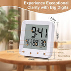 Waterproof Shower Clock with Timer, Bathroom Wall Clock Displaying Temperature, Date & Day, Battery Operated LCD Digital Clock for Bath, Kitchen (White)