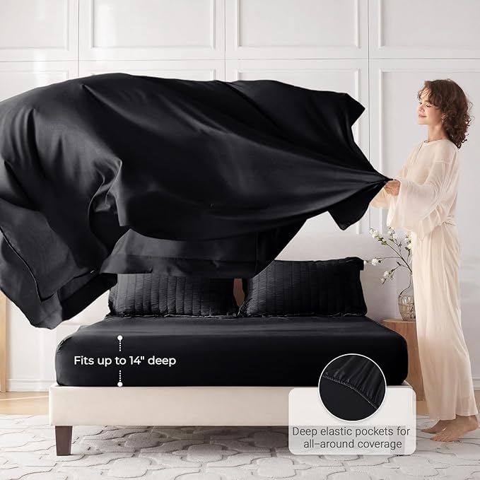 MUXHOMO 7 Pieces King Comforter Set, Seersucker Bed in a Bag King Size, All Season Luxury Bedding Set with Comforter, Flat Sheet, Fitted Sheet, Pillowcases & Shams, Black