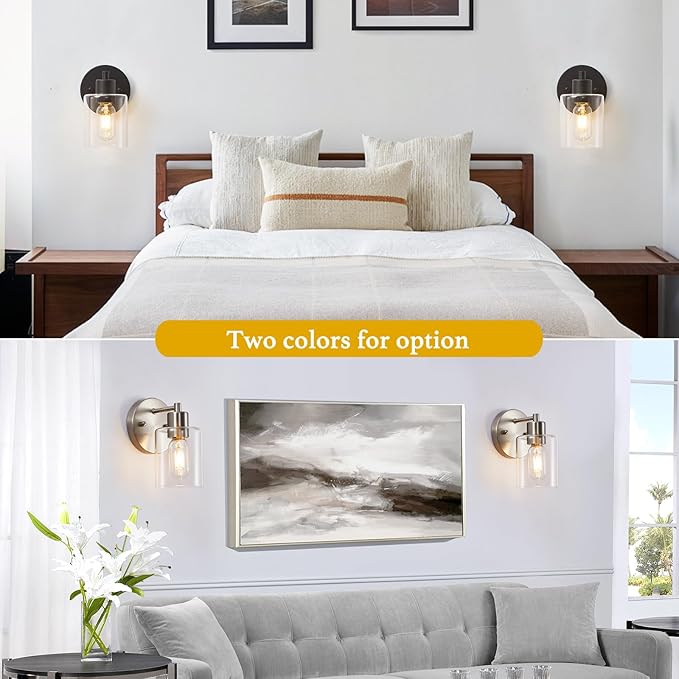 Wall Sconces for Bathroom, Modern Vanity Light Fixtures, Black Wall Mount Lighting Lanterns, Farmhouse Wall Lights with Clear Glass Shade for Bedroom Living Room Mirror Hallway Kitchen（2PACK）