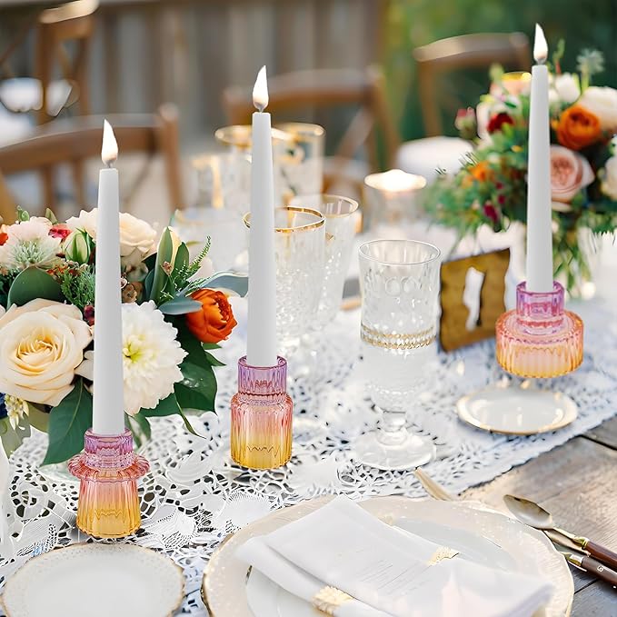 Double Sided Vintage Ribbed Taper Glass Candle Holders,Tea Candle Holder for Table Centerpieces, Wedding Decorations and Dinner Parties (Purple-Pink-Yellow, 6 PCS)