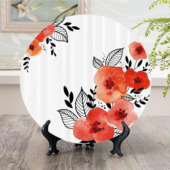 Decorative Plates, Floral Print Ornament, Vibrant Colored Poppies Art Print, 7 Inch, Kitchen Wall Decor, Vermilion Black