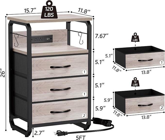Bed Side Table with 3 Fabric Drawers, Night Stand with Charging Station, LED Nightstand with Hooks, Bedside Table End Tables with Storage, Night Tables for Living Room, Bedroom (Beige)